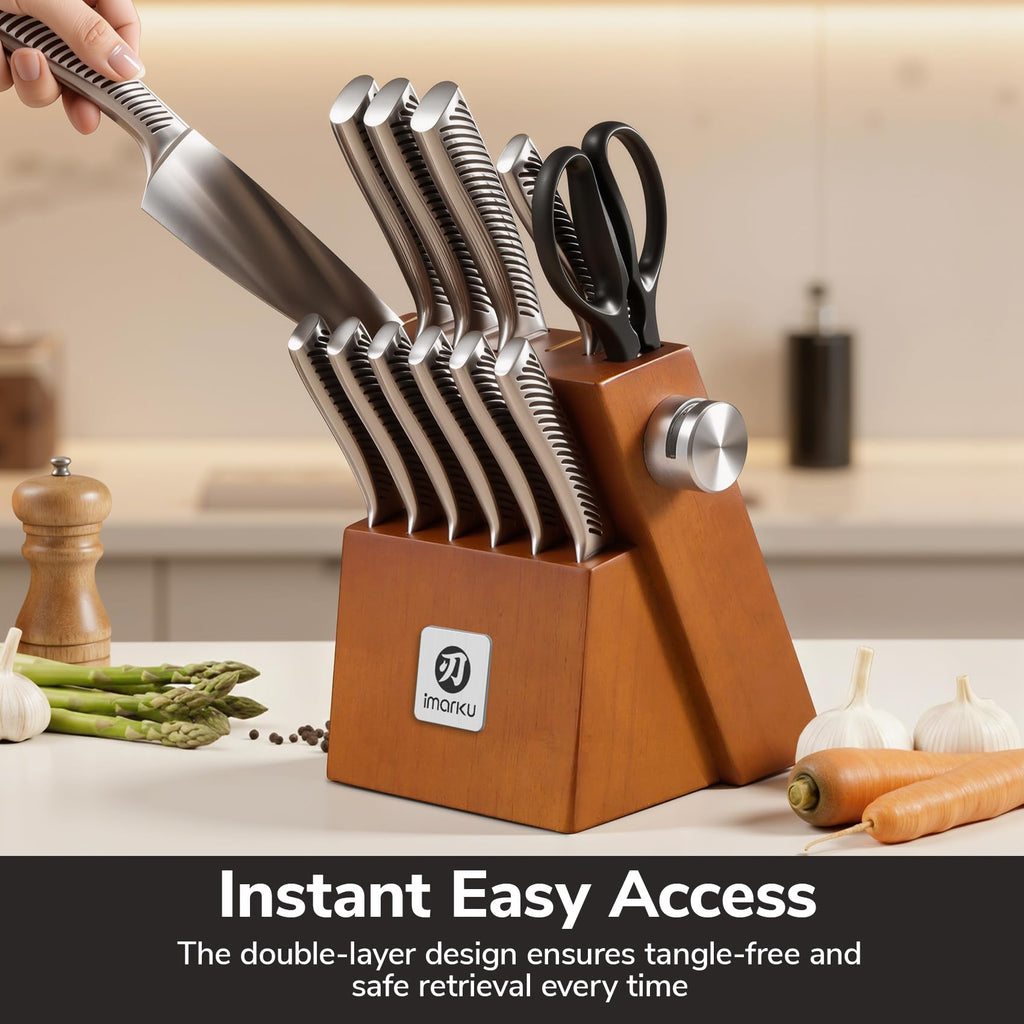 imarku 14-Piece Knife Set, Japanese Stainless Steel Knives Set for Kitchen, Full-Tang Gyutou Knife Sets with Block and Build-in Sharpener, Brown, Dishwasher Safe, House Warming Gifts for Mom