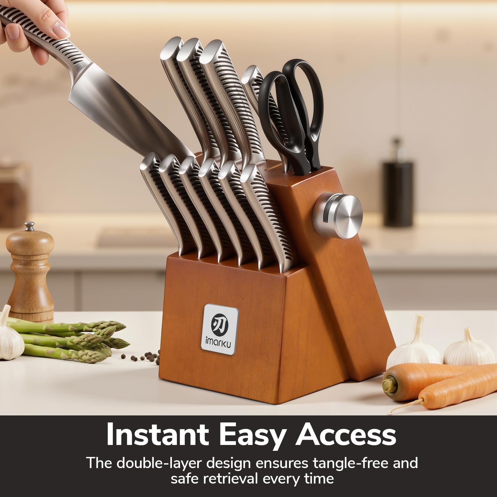 imarku 14-Piece Knife Set, Japanese Stainless Steel Knives Set for Kitchen, Full-Tang Gyutou Knife Sets with Block and Build-in Sharpener, Brown, Dishwasher Safe, House Warming Gifts for Mom