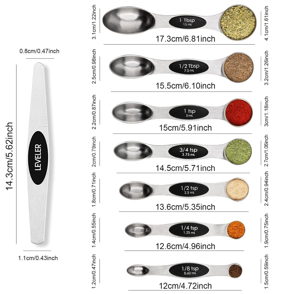 Magnetic Measuring Spoons Set Stainless Steel with Leveler, Stackable Metal Tablespoon Measure Spoon for Baking, Cups and Spoon Set Kitchen Gadgets Apartment Essentials Fits in Spice Jars