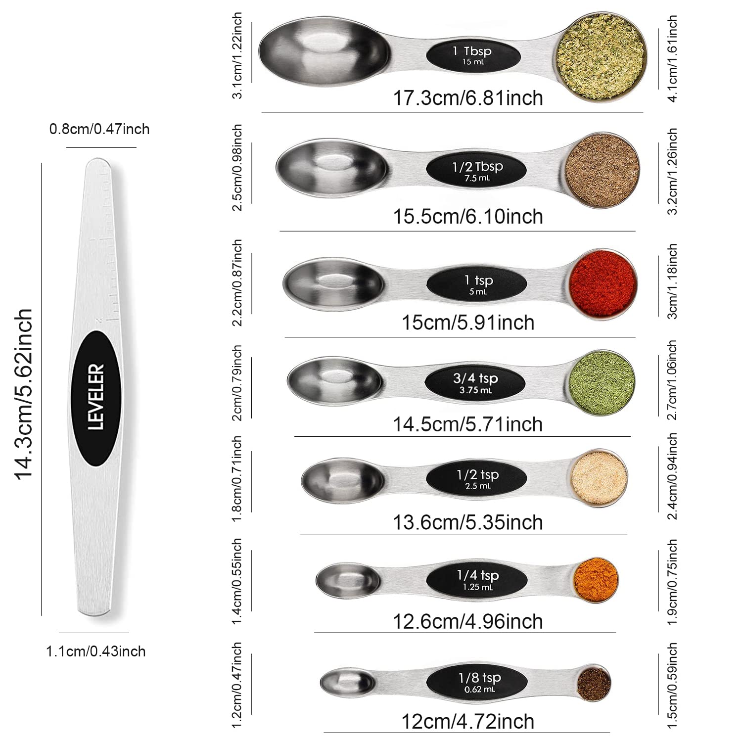 Magnetic Measuring Spoons Set Stainless Steel with Leveler, Stackable Metal Tablespoon Measure Spoon for Baking, Cups and Spoon Set Kitchen Gadgets Apartment Essentials Fits in Spice Jars