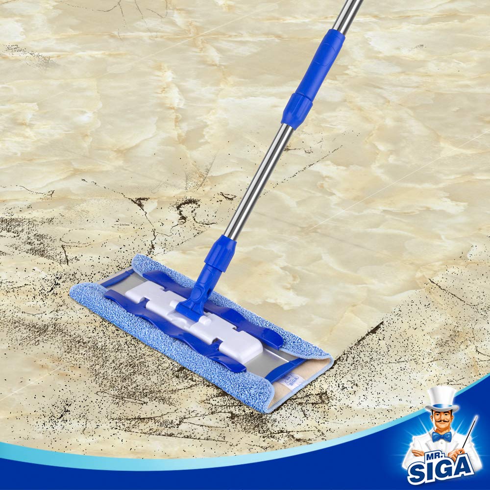 MR.SIGA Professional Microfiber Mop for Hardwood, Laminate, Tile Floor Cleaning, Stainless Steel Telescopic Handle - 3 Reusable Flat Mop Refills and 1 Dirt Removal Scrubber Included