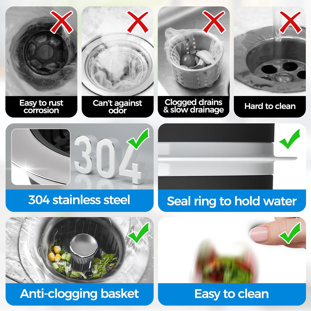 Sink Drain Strainer - Sink Stopper Kitchen Drain, 3 in 1 Kitchen Sink Drain Strainer with Anti-Clogging Basket, Kitchen Gadgets Clearance Sink Accessories, Fit US Standard 3-1/2'' Sink Hole, Silver