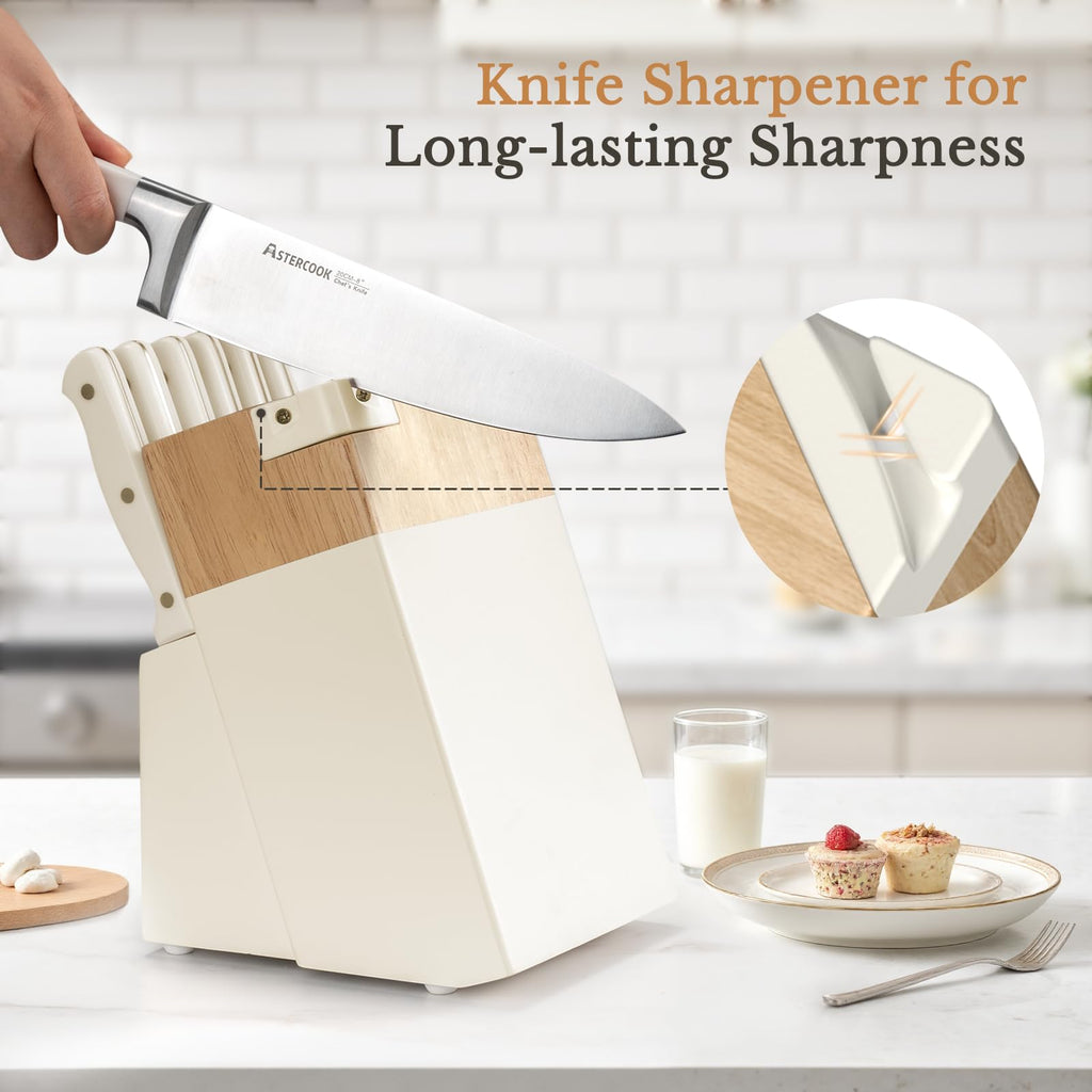 Knife Set,Astercook Kitchen Knife Set with Block 14-Piece Full Tang Stainless Steel Knives with Sharpener Dishwasher Safe and Anti-Slip Ergonomic Handle Utensils Set