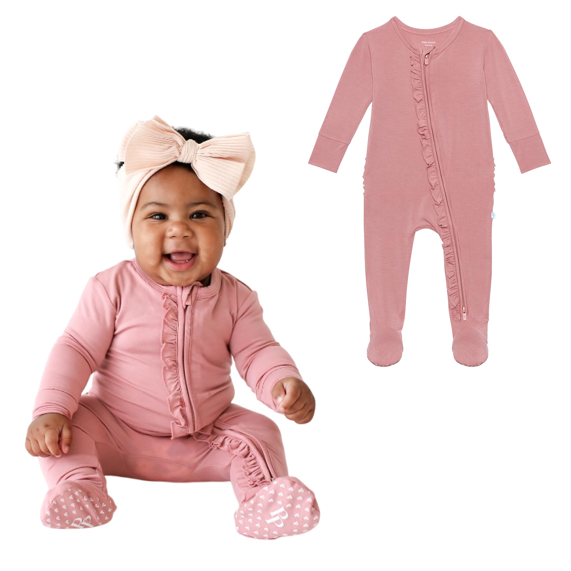 Posh Peanut Footie Pajamas for Baby Girls – Sleepers in Ultra-Soft Viscose from Bamboo with 2-Way Zipper & Ruffle Trim
