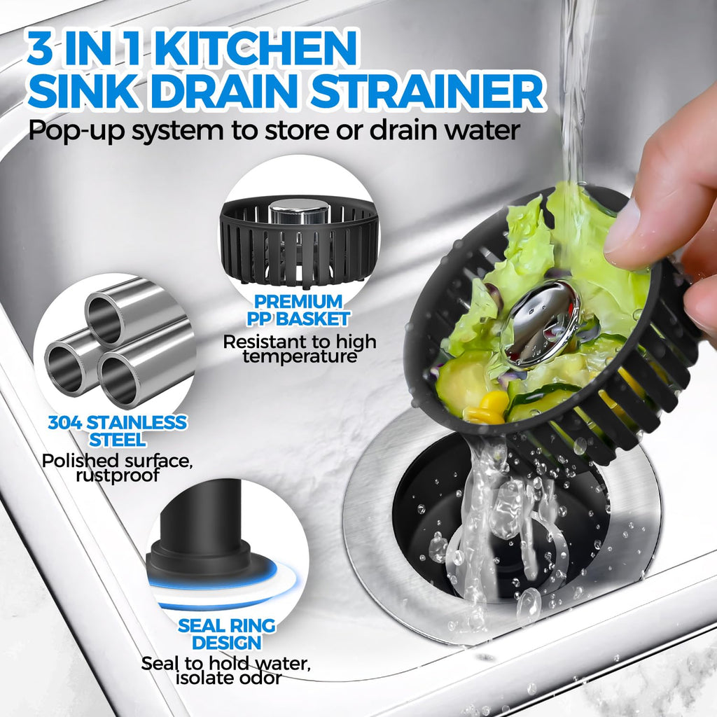 Sink Drain Strainer - Sink Stopper Kitchen Drain, 3 in 1 Kitchen Sink Drain Strainer with Anti-Clogging Basket, Kitchen Gadgets Clearance Sink Accessories, Fit US Standard 3-1/2'' Sink Hole, Silver