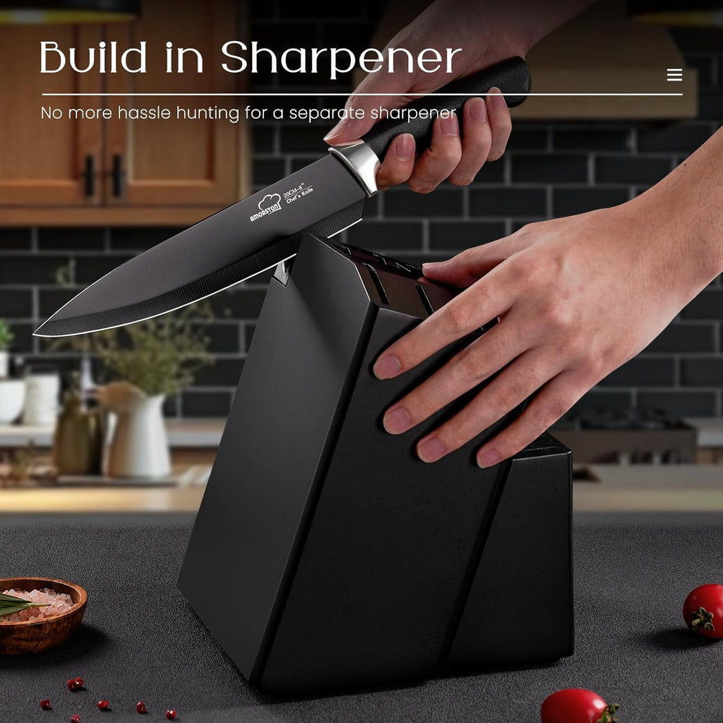 Knife Set, Amorston 21 Pieces Kitchen Knife Set with Block and Sharpener, Ultra-Sharp Knives Set with Ergonomic Handles, Black German Stainless Steel Knife Block Set, Dishwasher Safe
