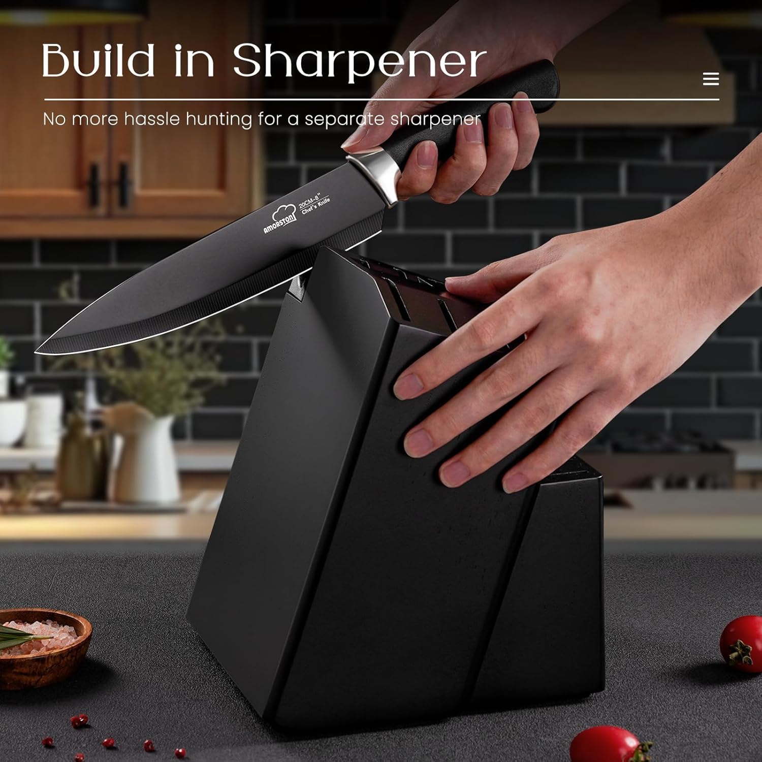 Knife Set, Amorston 21 Pieces Kitchen Knife Set with Block and Sharpener, Ultra-Sharp Knives Set with Ergonomic Handles, Black German Stainless Steel Knife Block Set, Dishwasher Safe