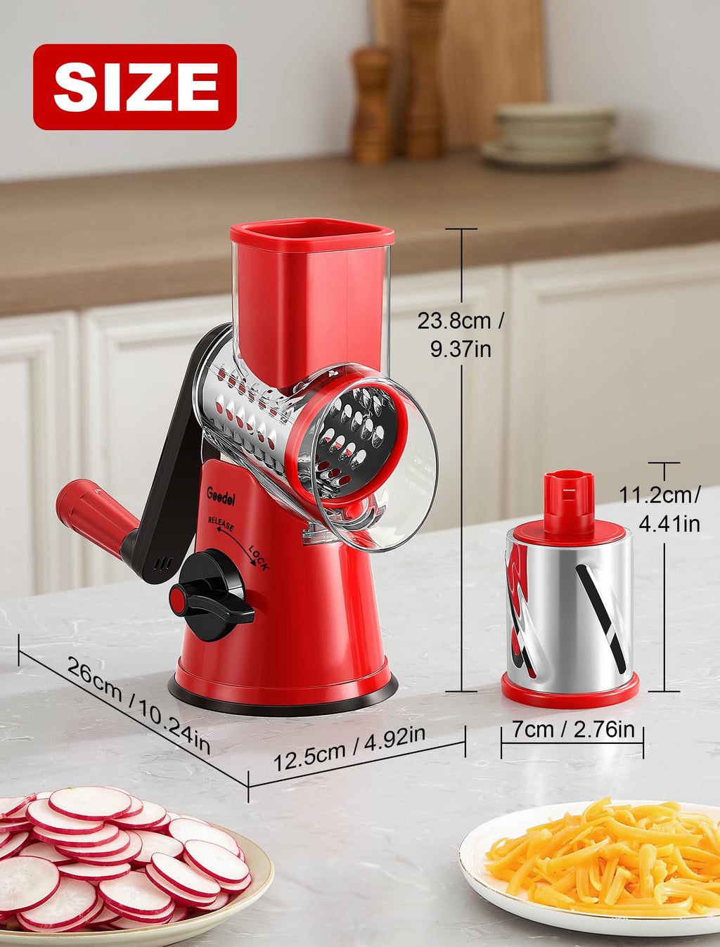 Geedel Rotary Cheese Grater, Kitchen Mandoline Vegetable Slicer with 3 Interchangeable Blades, Easy to Clean Grater for Fruit, Vegetables, Nuts