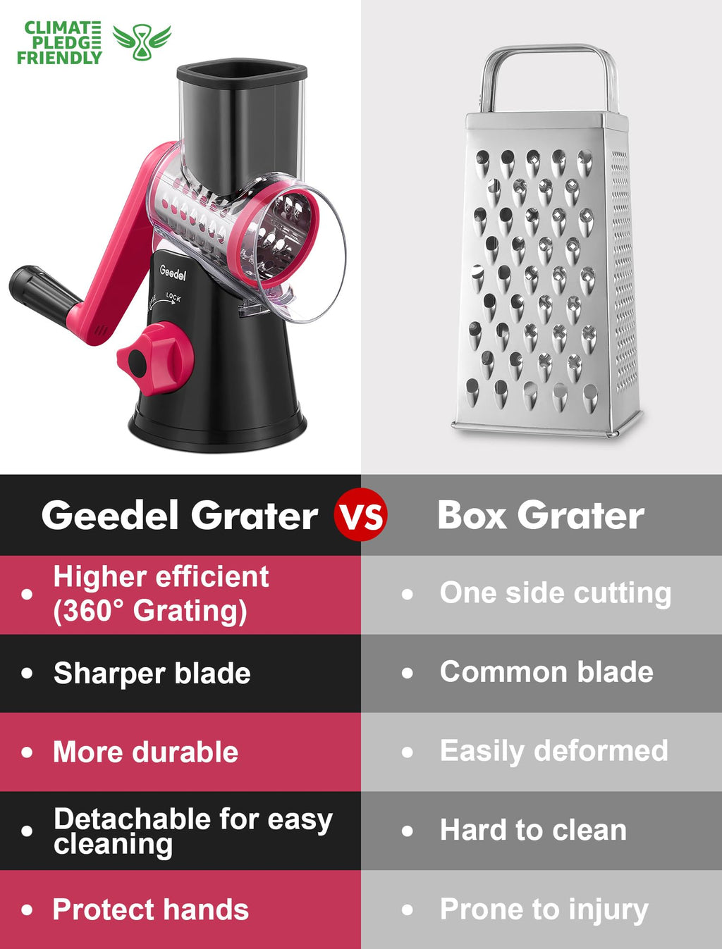 Geedel Rotary Cheese Grater, Kitchen Mandoline Vegetable Slicer with 3 Interchangeable Blades, Easy to Clean Grater for Fruit, Vegetables, Nuts