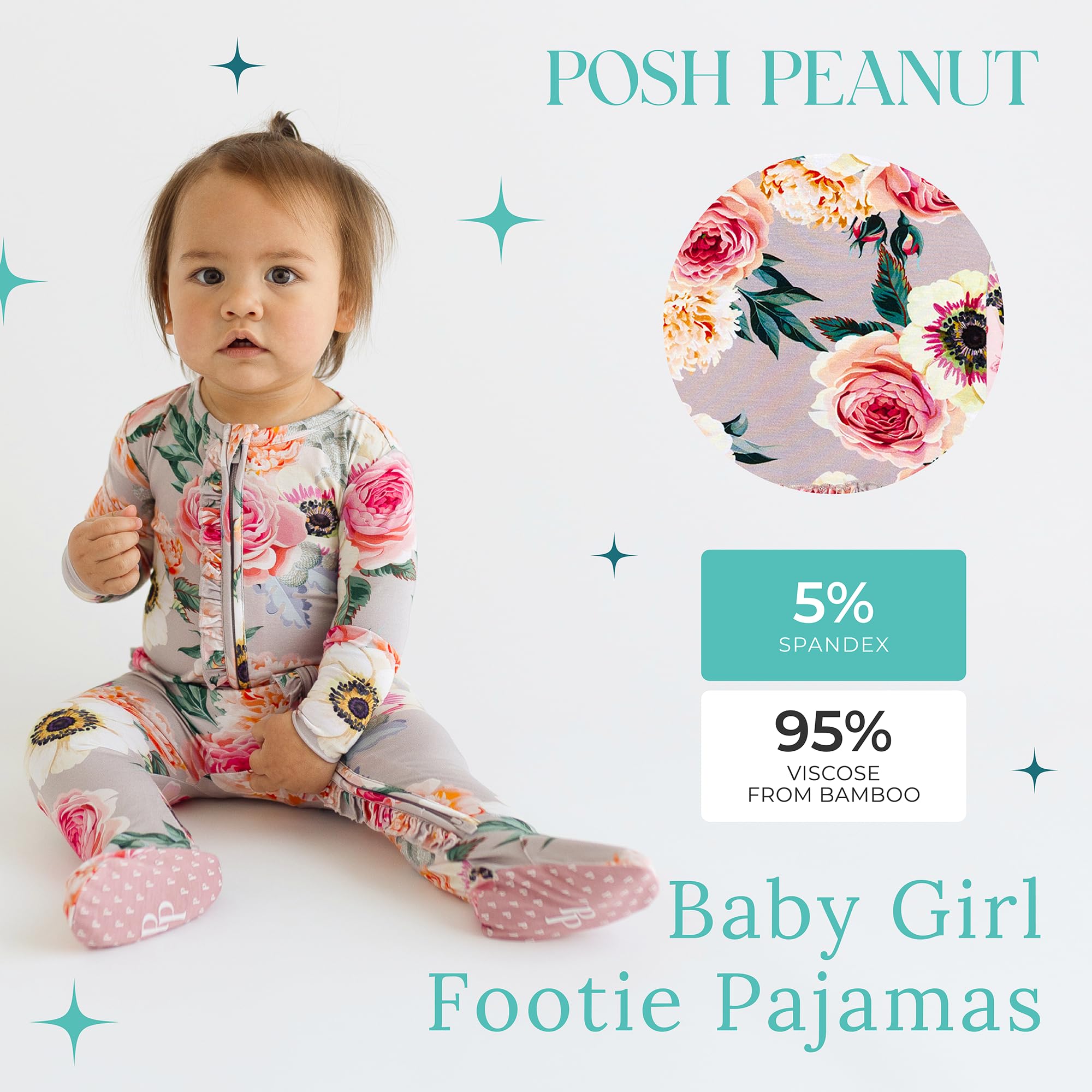 Posh Peanut Footie Pajamas for Baby Girls – Sleepers in Ultra-Soft Viscose from Bamboo with 2-Way Zipper & Ruffle Trim