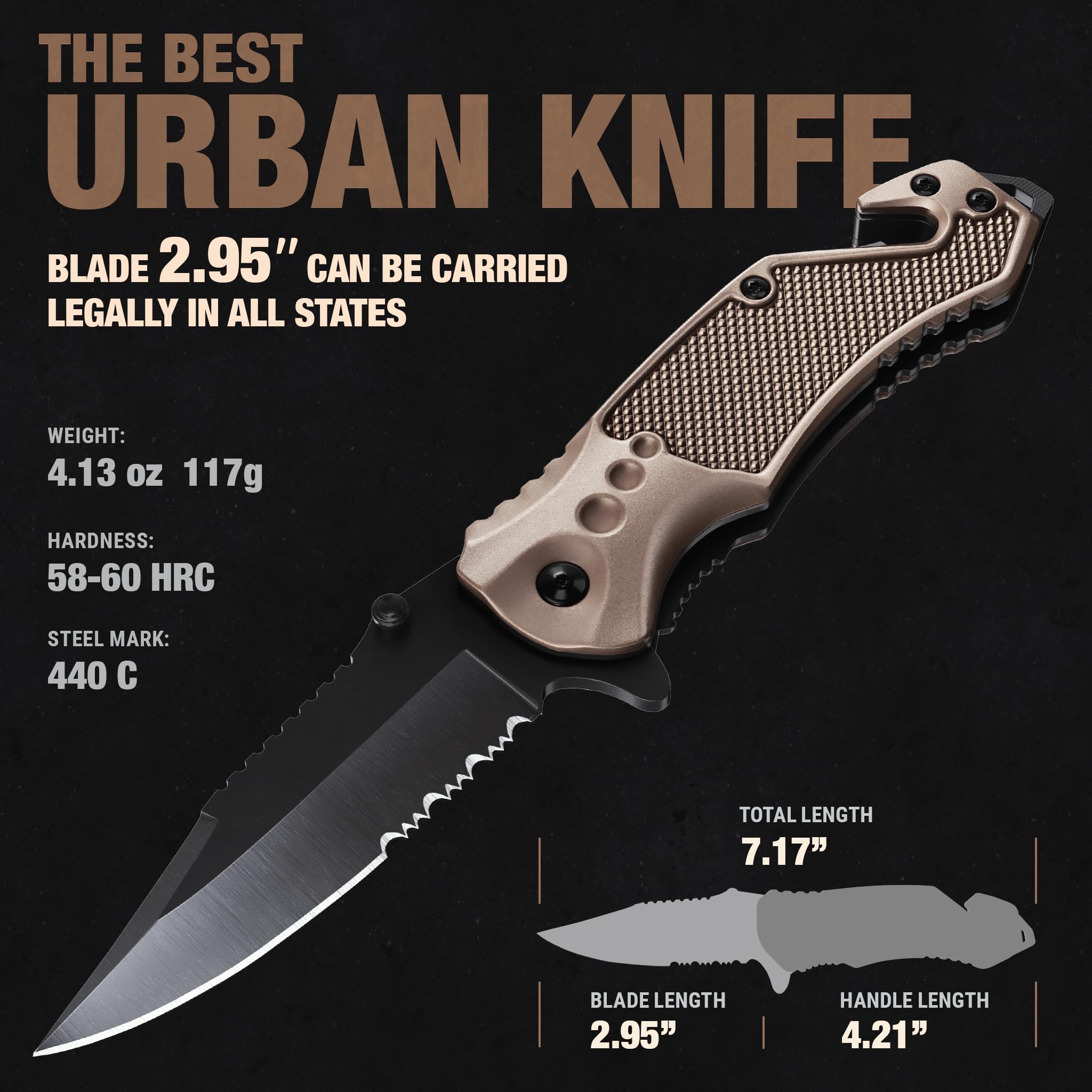 GOOD WORKER Legal Pocket Knife with 2.95” Serrated Blade, Glass Breaker, Seat Belt Cutter - EDC Sharp Folding Knives with Portable Clip - Small Tool for Tactical Camping Survival Hiking - Gifts for Men, Women