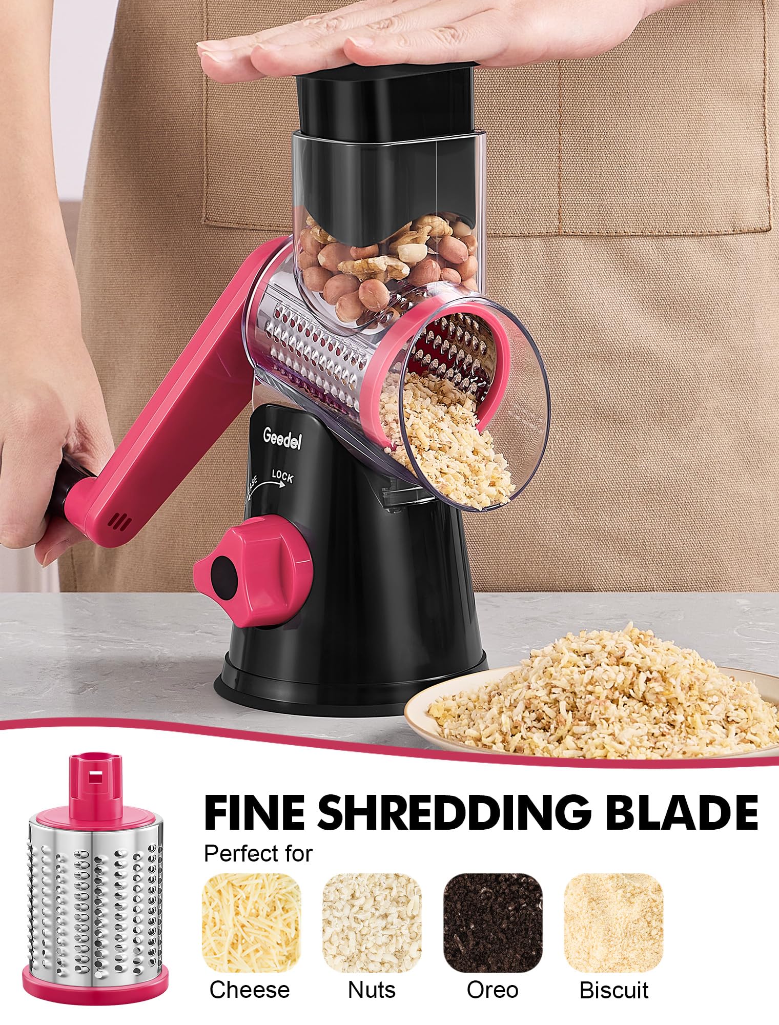 Geedel Rotary Cheese Grater, Kitchen Mandoline Vegetable Slicer with 3 Interchangeable Blades, Easy to Clean Grater for Fruit, Vegetables, Nuts