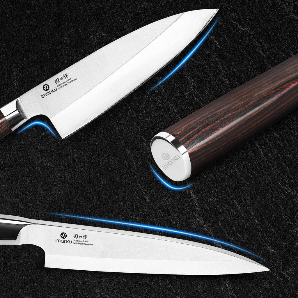 imarku 14-Piece Knife Set, Japanese Stainless Steel Knives Set for Kitchen, Full-Tang Gyutou Knife Sets with Block and Build-in Sharpener, Brown, Dishwasher Safe, House Warming Gifts for Mom