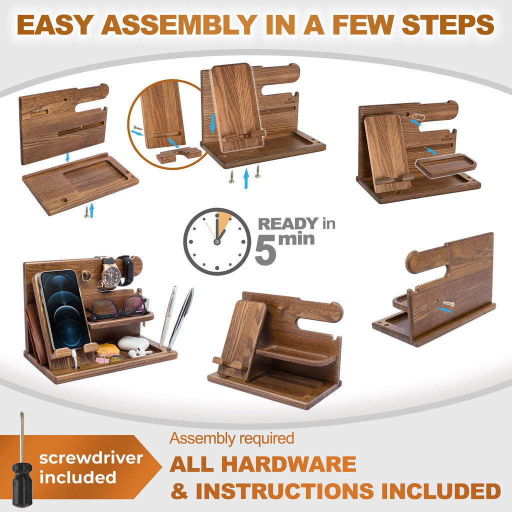 TESLYAR Wood Phone Docking Station for Men - Desk or Nightstand Organizer - Birthday Gifts for Husband, Dad - Anniversary Idea from Wife - Key Holder, Stand Wallet, Watch & Essentials (Bourbon Brown)