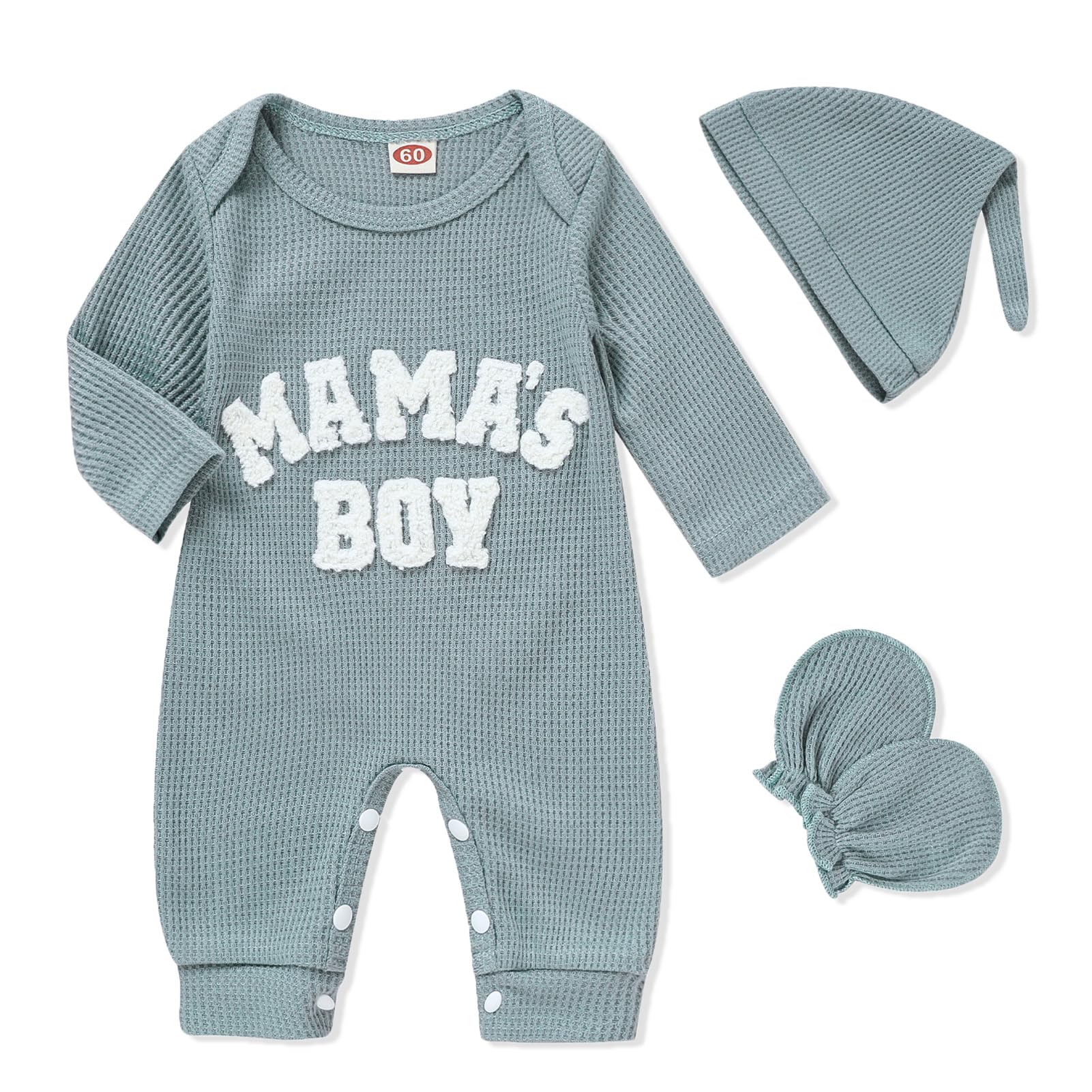 GRNSHTS Newborn Baby Boy Romper Coming Home Outfits Letter Print Bodysuit Jumpsuit+Hat+Gloves 3PCS Clothes Set