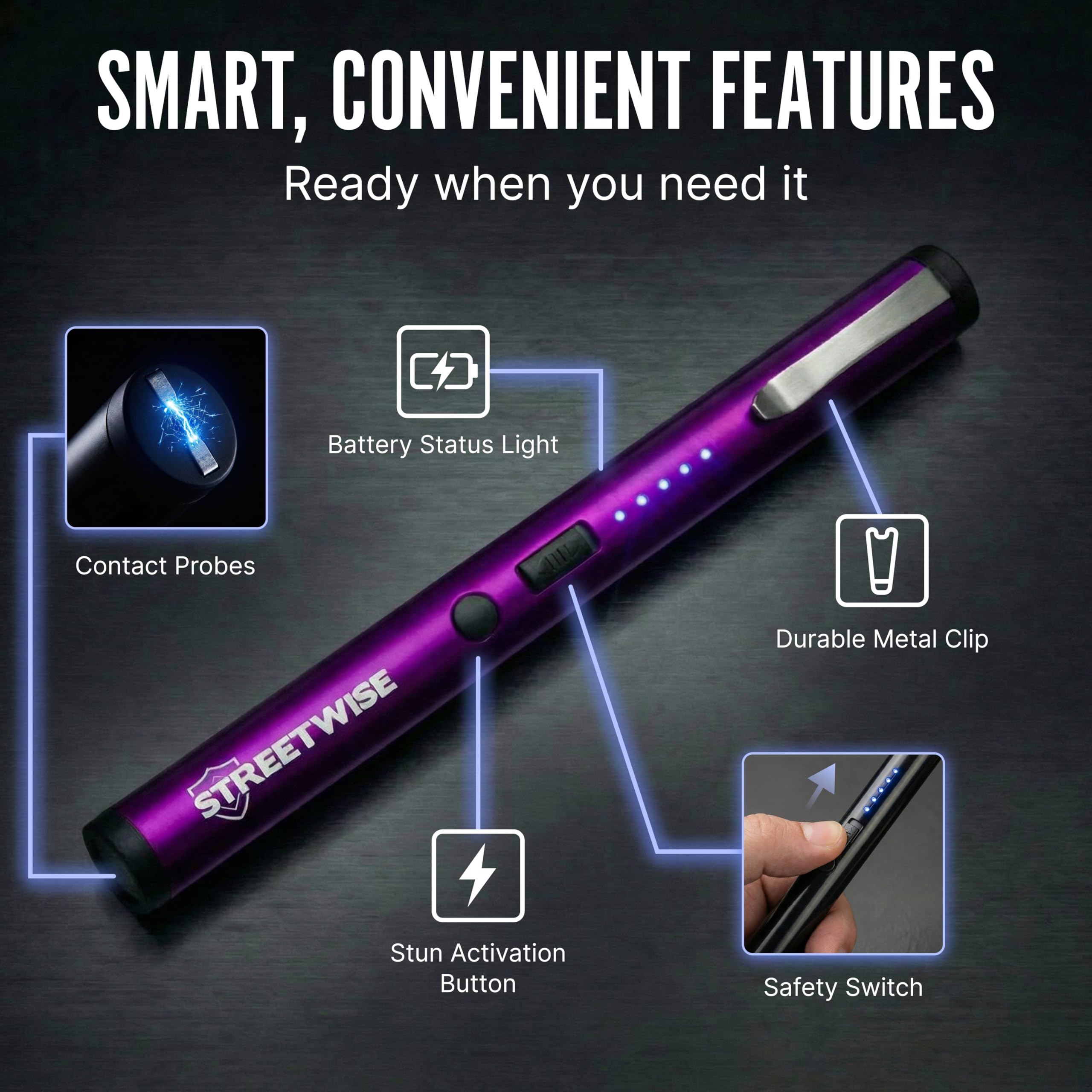 Streetwise Pain Pen 25,000,000 Volts Stun Gun for Self Protection - Tactical Stun Pen for Women and Men, USB Rechargeable, Battery Indicator, Durable Clip, Compact and Concealable for Protection