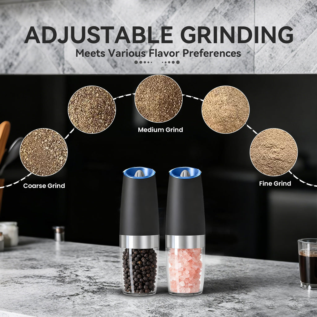 UNNEES Gravity Electric Salt and Pepper Grinder set of 2, Automatic Salt And Pepper Grinder Set, Adjustable Roughness, Battery Powered, LED Light, 2 Pack, (Black)