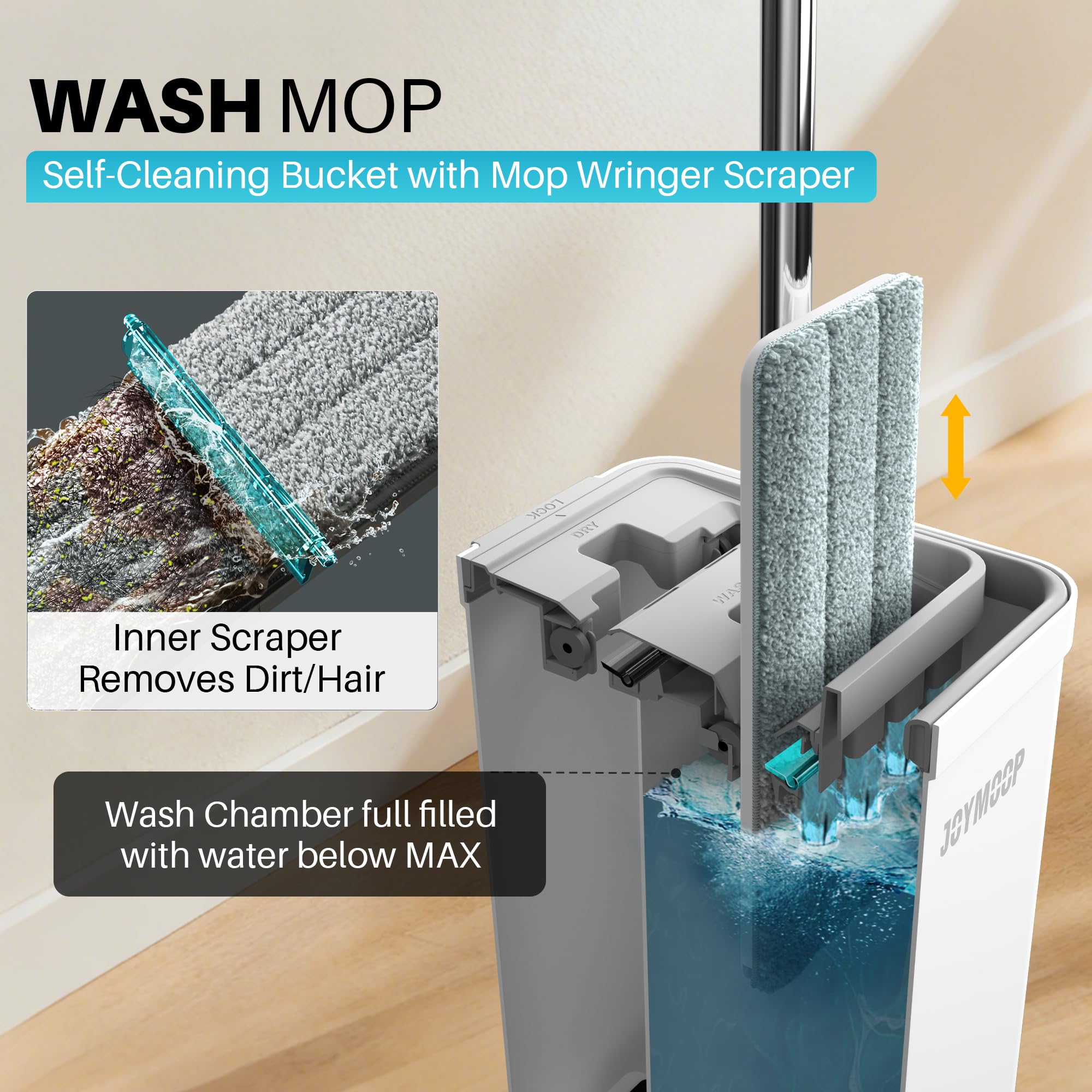 JOYMOOP Mop and Bucket Set, Flat Mops for Floor & Wall Cleaning, Commercial & Household Use, Hardwood Floor Mop with Long Handle & 4 Microfiber Pads