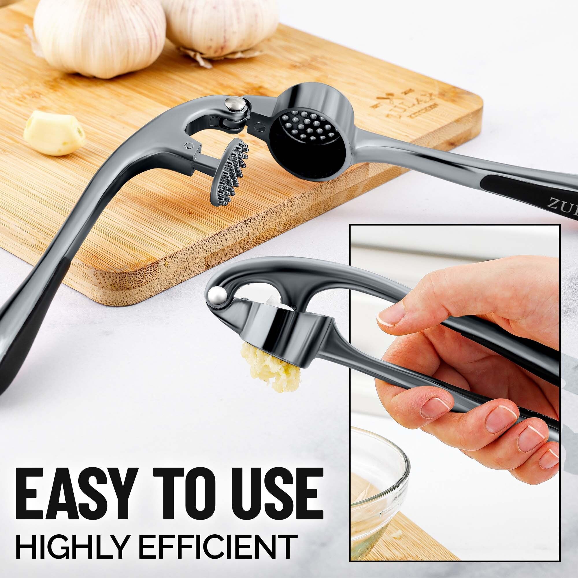 Zulay Kitchen Premium Garlic Press Set - Rust Proof Professional Garlic Mincer Tool - Easy-Squeeze, Easy-Clean with Soft, Ergonomic Handle - Silicone Garlic Peeler & Brush (Silver)