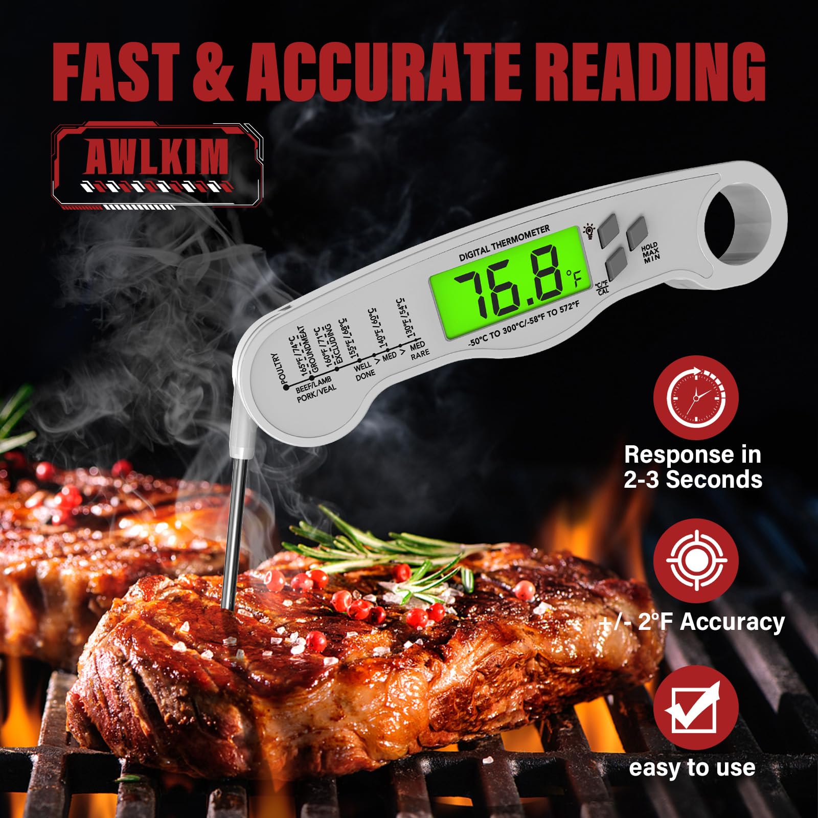 AWLKIM Meat Thermometer Digital - Instant Read Waterproof Food Thermometer with Backlight for Cooking, Grill, Candy, Kitchen & Stocking Stuffers for Men - Red