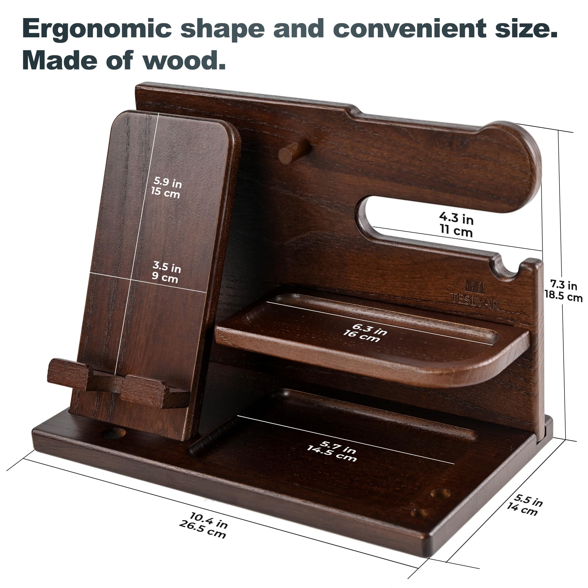 TESLYAR Wood Phone Docking Station for Men - Desk or Nightstand Organizer - Birthday Gifts for Husband, Dad - Anniversary Idea from Wife - Key Holder, Stand Wallet, Watch & Essentials (Bourbon Brown)