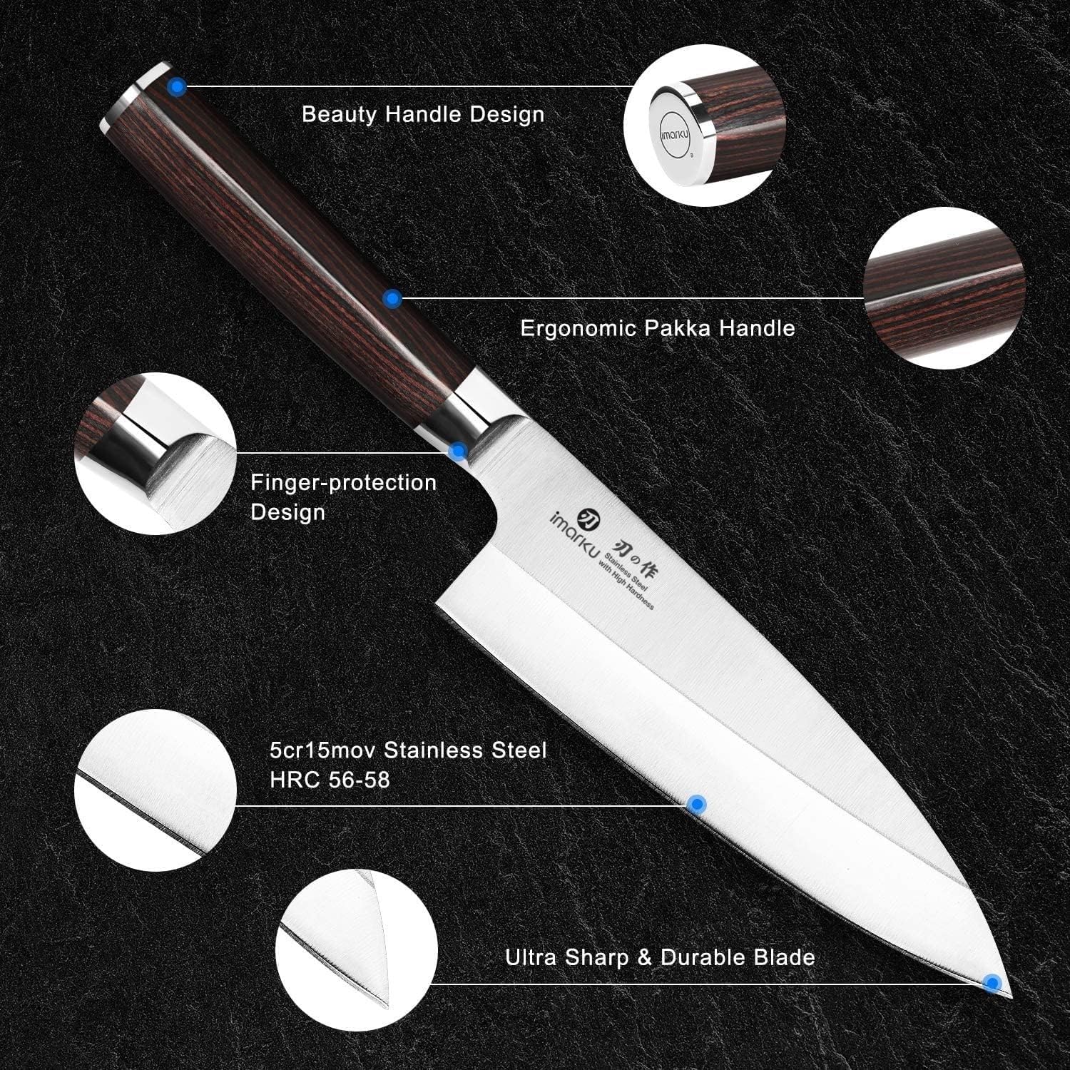 imarku 14-Piece Knife Set, Japanese Stainless Steel Knives Set for Kitchen, Full-Tang Gyutou Knife Sets with Block and Build-in Sharpener, Brown, Dishwasher Safe, House Warming Gifts for Mom