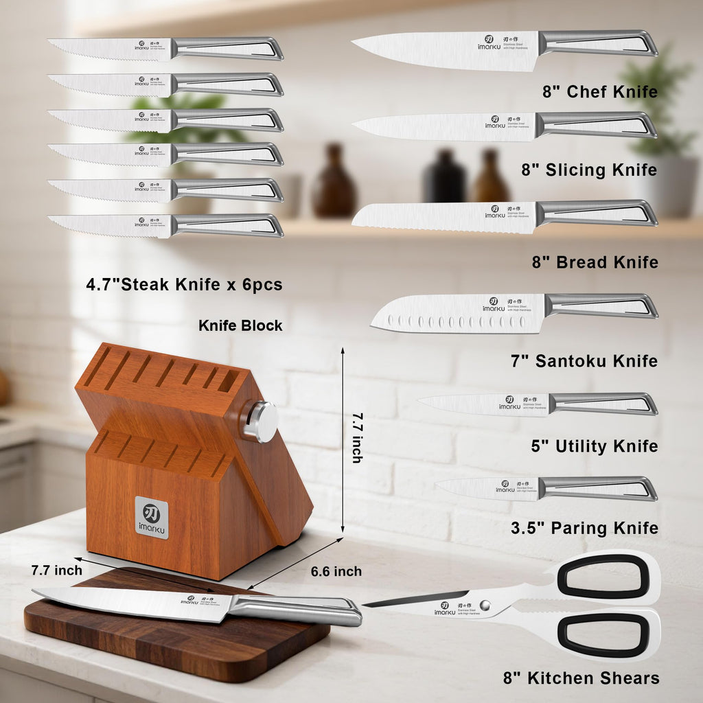 imarku 14-Piece Knife Set, Japanese Stainless Steel Knives Set for Kitchen, Full-Tang Gyutou Knife Sets with Block and Build-in Sharpener, Brown, Dishwasher Safe, House Warming Gifts for Mom