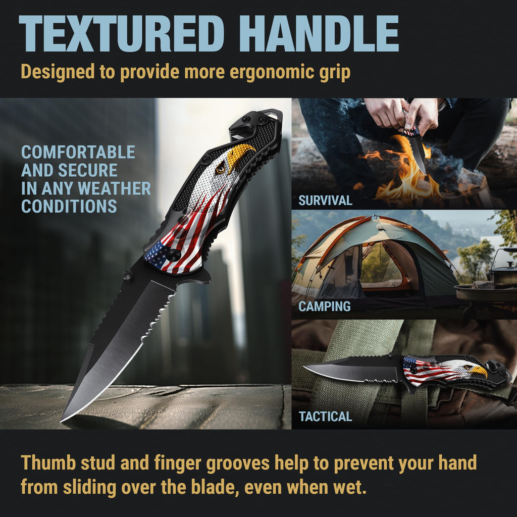 GOOD WORKER Legal Pocket Knife with 2.95” Serrated Blade, Glass Breaker, Seat Belt Cutter - EDC Sharp Folding Knives with Portable Clip - Small Tool for Tactical Camping Survival Hiking - Gifts for Men, Women