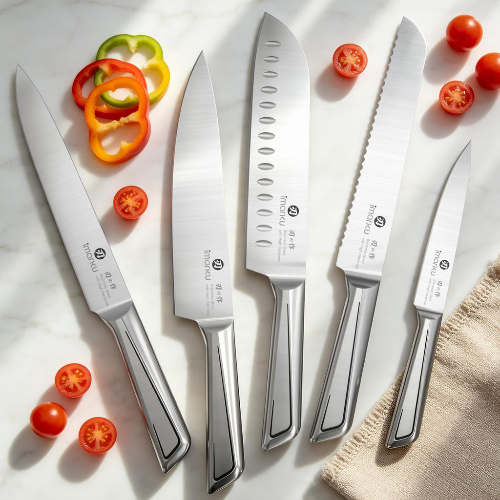 imarku 14-Piece Knife Set, Japanese Stainless Steel Knives Set for Kitchen, Full-Tang Gyutou Knife Sets with Block and Build-in Sharpener, Brown, Dishwasher Safe, House Warming Gifts for Mom