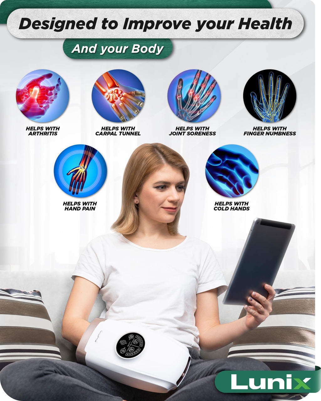 Lunix LX3 FSA Carpal Tunnel & Wrist Pain Relief Device, Heated Air Compression Hand Massager Machine for Arthritis & Finger Numbness, Cordless, Charcoal Black