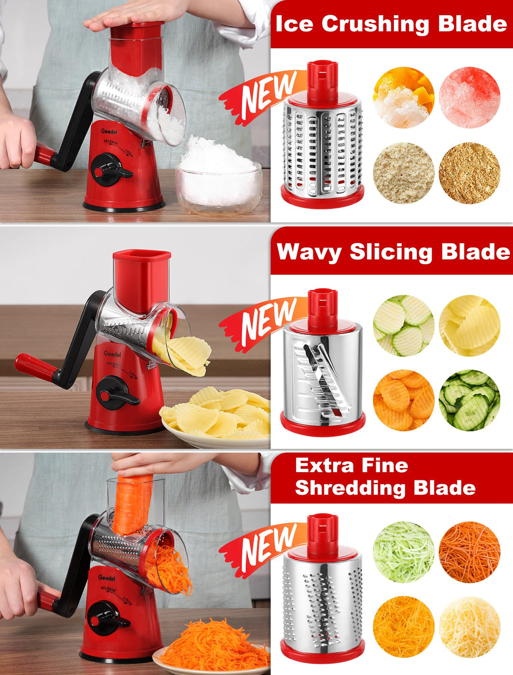 Geedel Rotary Cheese Grater, Kitchen Mandoline Vegetable Slicer with 3 Interchangeable Blades, Easy to Clean Grater for Fruit, Vegetables, Nuts
