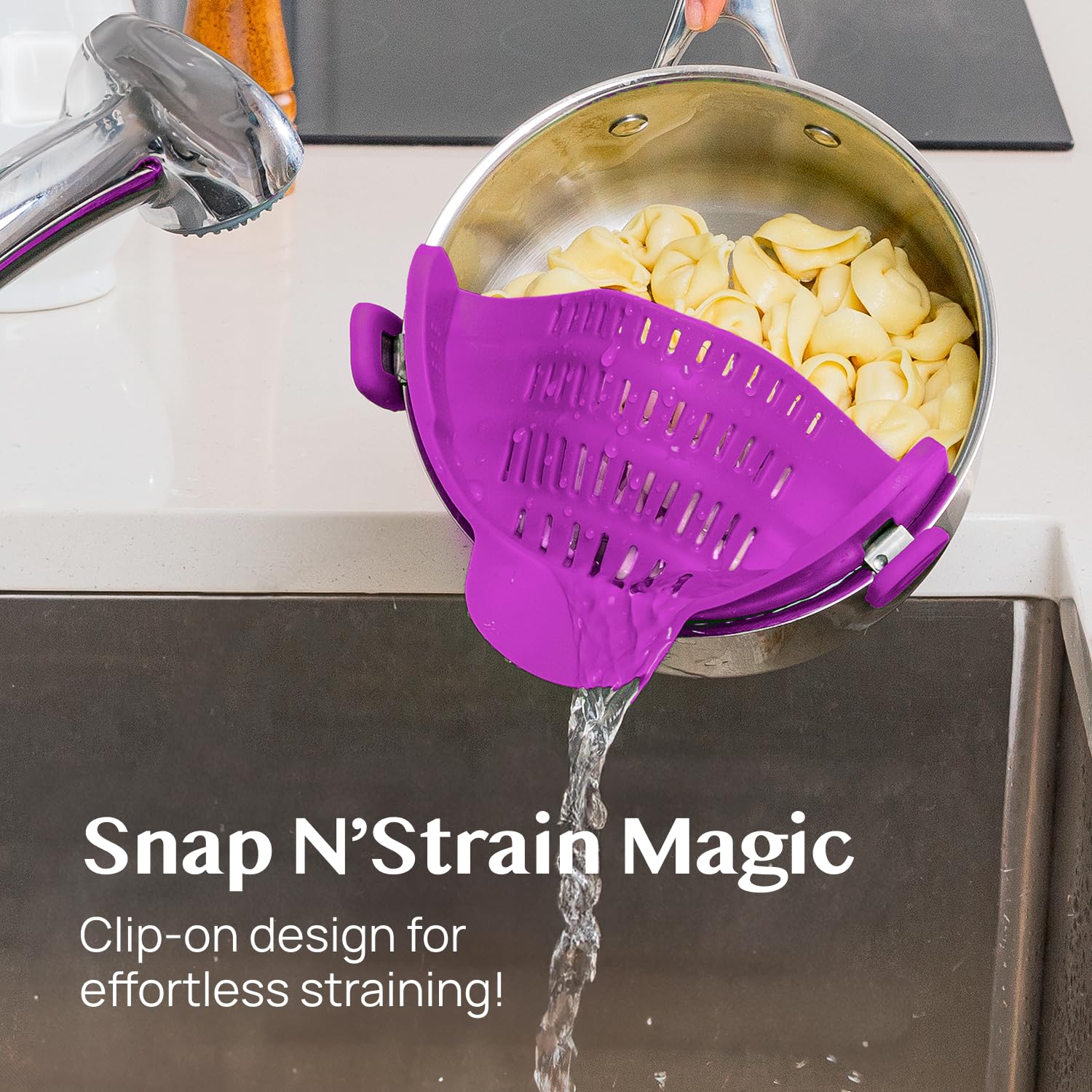 Kitchen Gizmo Snap N' Strain - Silicone Pasta Strainer Clip-On for Pots and Pans - Heat Resistant Colander for Vegetables and Noodles - Kitchen Gadgets for Cooking - Space-Saving Design - Gray