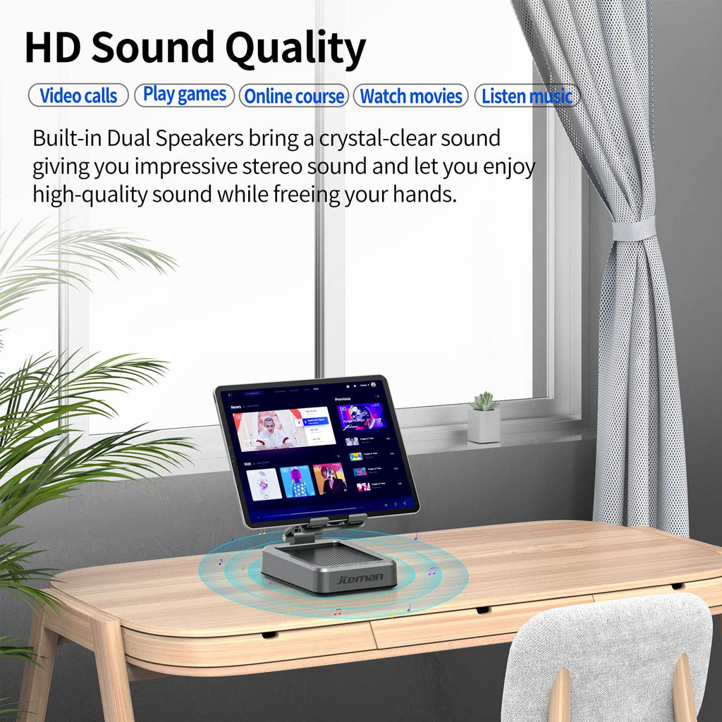 JTEMAN Cell Phone Stand with Bluetooth Speaker, HD Stereo Sound & Anti-Slip Base, Foldable Adjustable Desktop Phone Holder for Home Office, Cool Tech Gadgets Birthday Gifts for Men Women (Black)