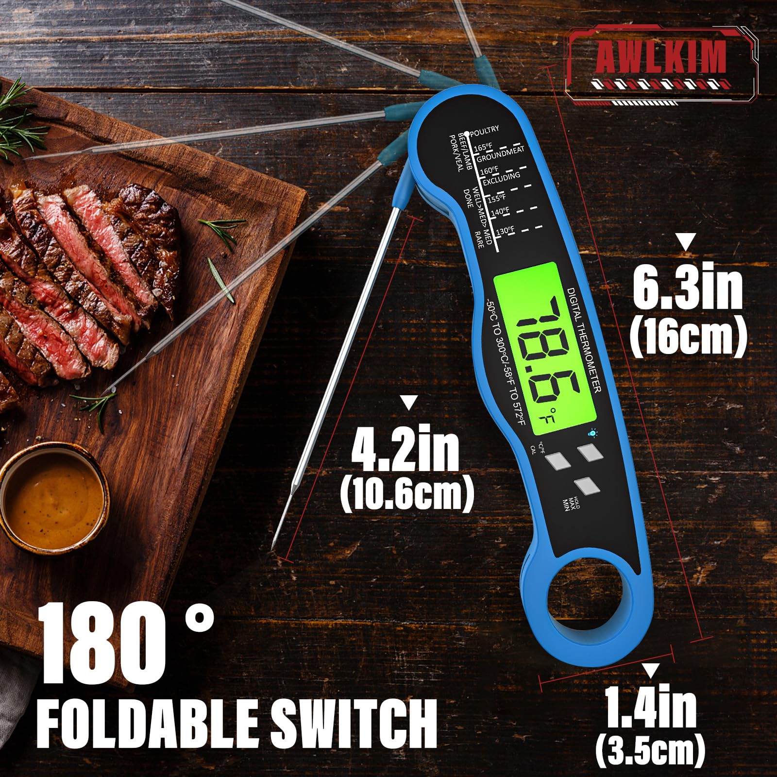 AWLKIM Meat Thermometer Digital - Instant Read Waterproof Food Thermometer with Backlight for Cooking, Grill, Candy, Kitchen & Stocking Stuffers for Men - Red