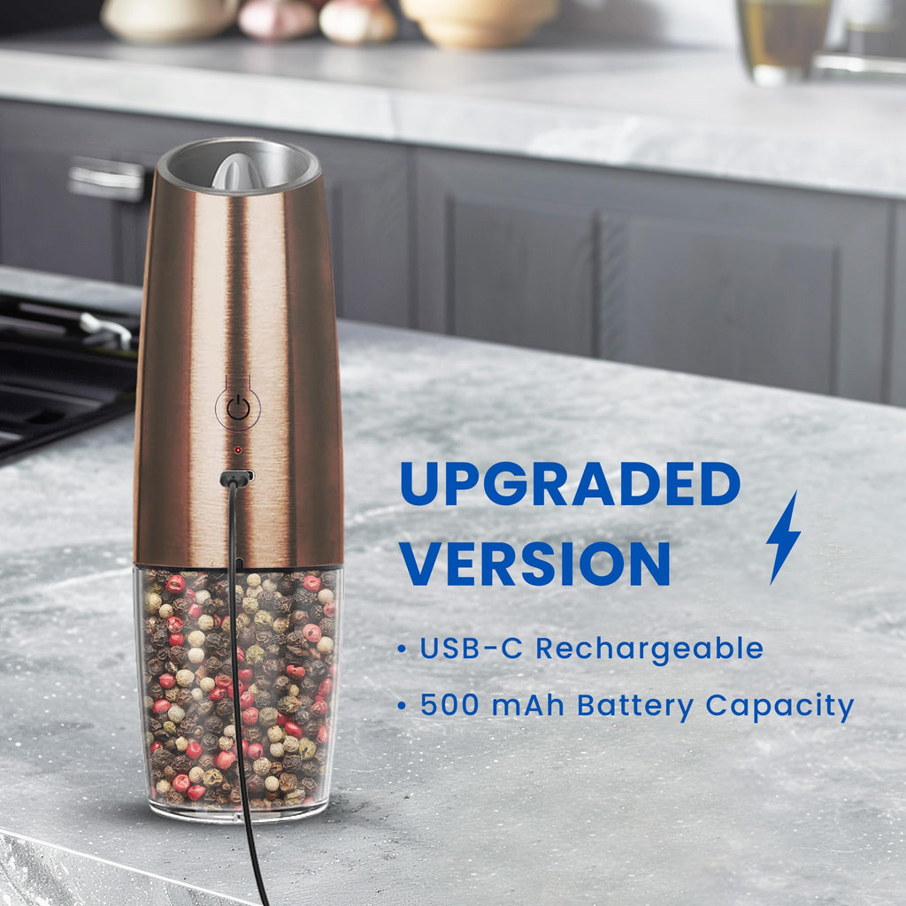 UNNEES Gravity Electric Salt and Pepper Grinder set of 2, Automatic Salt And Pepper Grinder Set, Adjustable Roughness, Battery Powered, LED Light, 2 Pack, (Black)