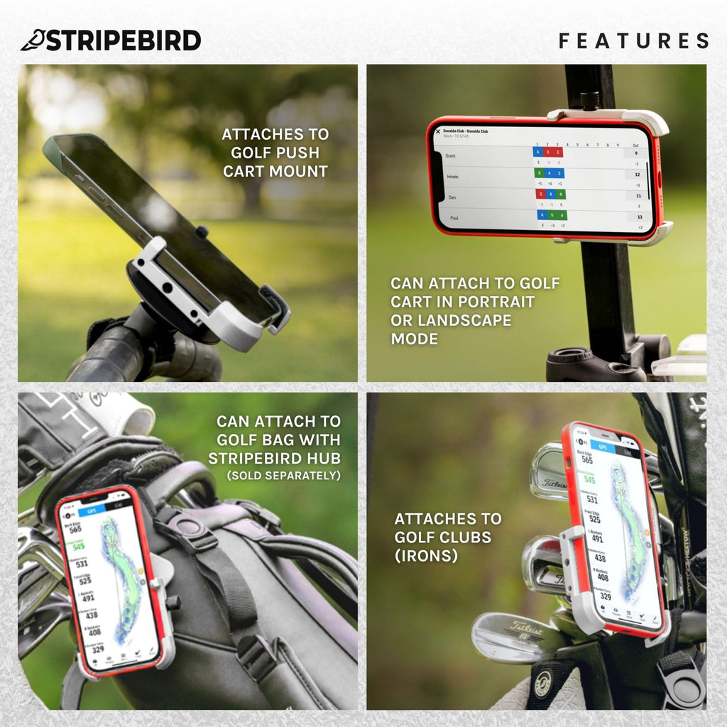 Stripebird - Magnetic Golf Cart Phone Holder - US Patented, Neodymium N52 Magnets - Golf Cart Phone Mount for iPhone & Samsung - Slim Golf Caddy Accessories for Men & Women
