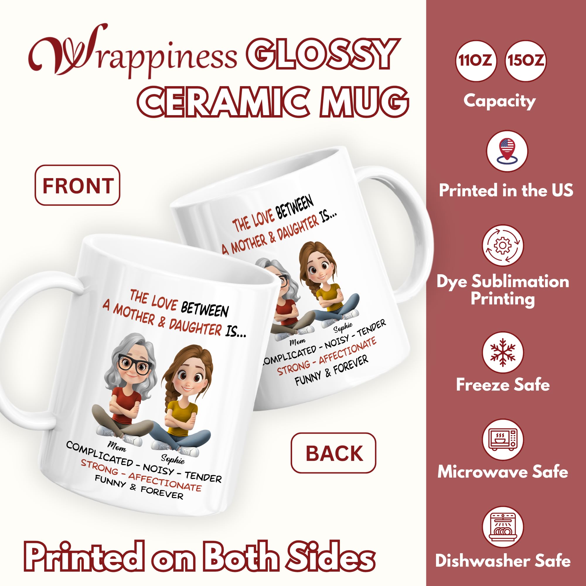 Wrappiness Personalized Mother Daughter Mug - Fuuny and Forever Love Between Mom and Her Girl Fully Customized Coffee Cup - Unique Gift for Mom and Daughter on Mothers Day, Birthday, 11oz/15oz Mug