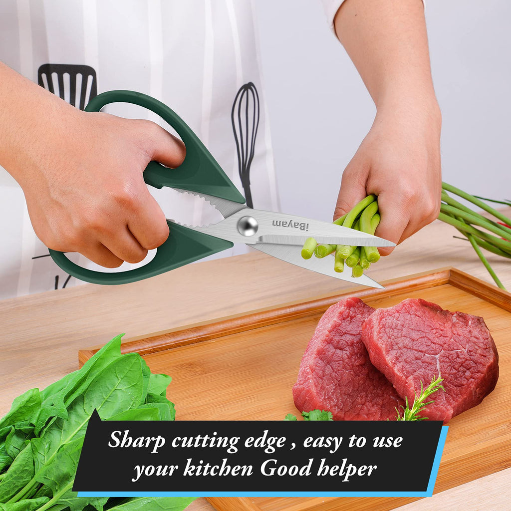 iBayam Kitchen Scissors All Purpose Heavy Duty 2 Pack with Protective Sheath, Stainless Steel Shears Kitchen Utensils Set for Cutting Food Cooking Meat Poultry Dishwasher Safe Soft Comfort-Grip