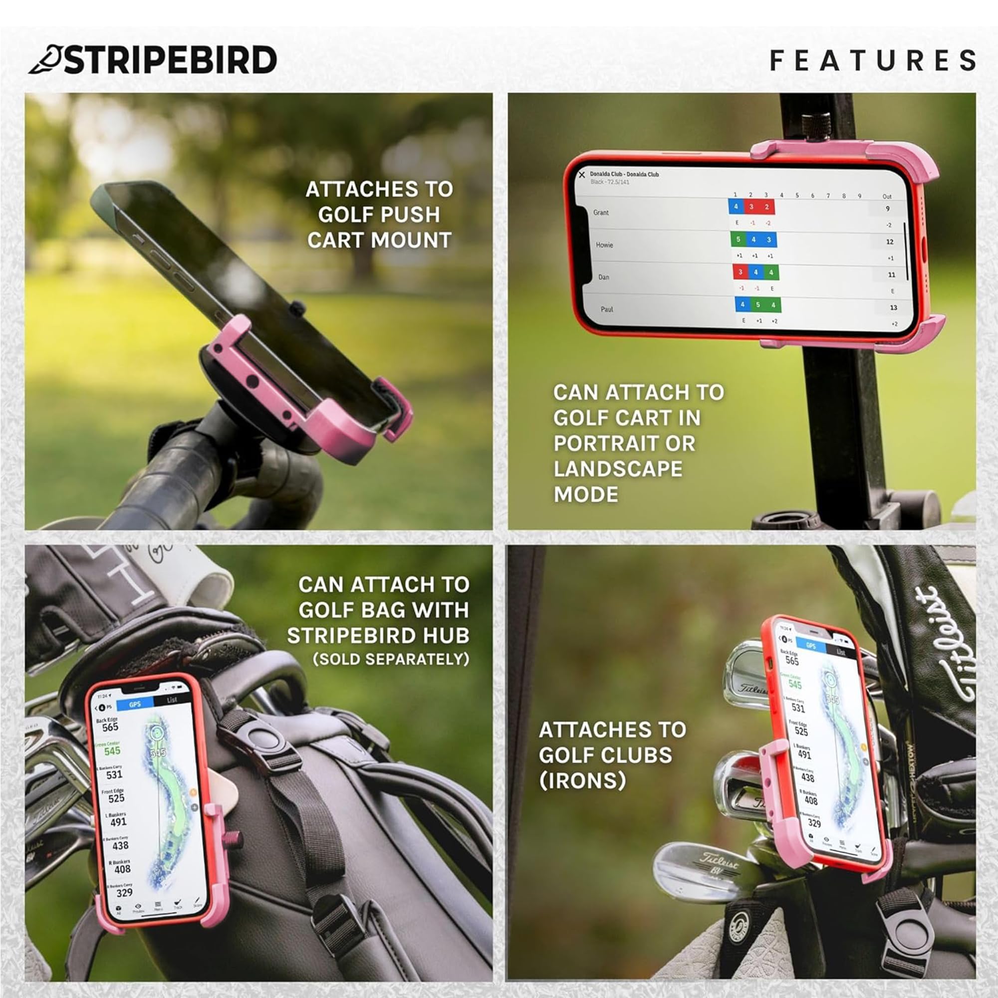 Stripebird - Magnetic Golf Cart Phone Holder - US Patented, Neodymium N52 Magnets - Golf Cart Phone Mount for iPhone & Samsung - Slim Golf Caddy Accessories for Men & Women