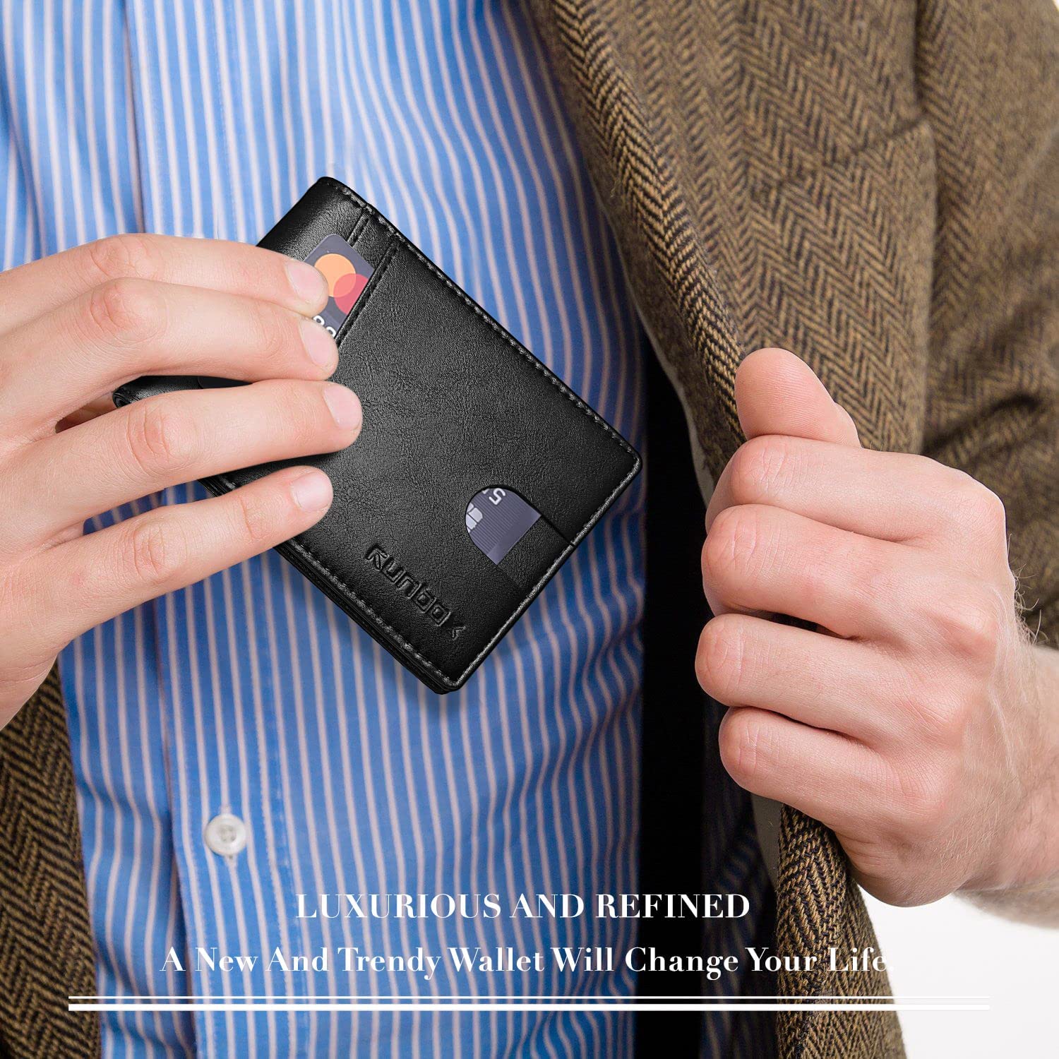 RUNBOX Wallet for Men Slim Rfid Leather 2 ID Window With Gift Box | Slim, Rfid, 2 ID Window, With Gift Box, Slim, Rfid