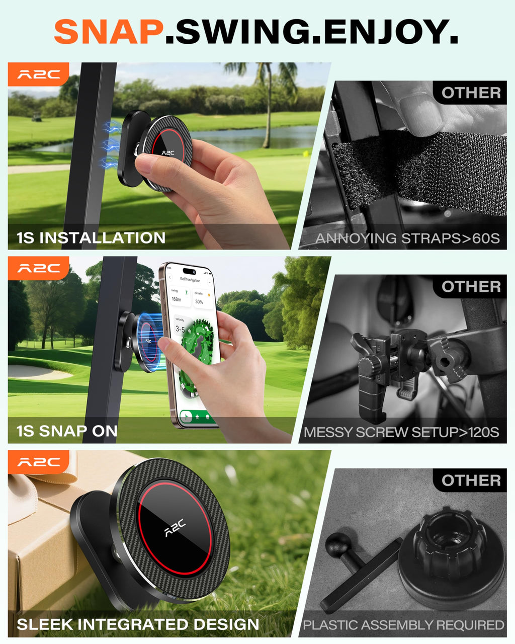 A2C Alloy Magnetic Golf Cart Phone Holder for MagSafe iPhone, Unique Golf Gifts for Men Golfers Dad Father, Golf Gift for Him Husband, Golf Accessories Essentials Gadgets Fits EZGO, Club Car, Yamaha