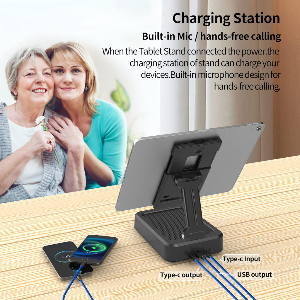 JTEMAN Cell Phone Stand with Bluetooth Speaker, HD Stereo Sound & Anti-Slip Base, Foldable Adjustable Desktop Phone Holder for Home Office, Cool Tech Gadgets Birthday Gifts for Men Women (Black)