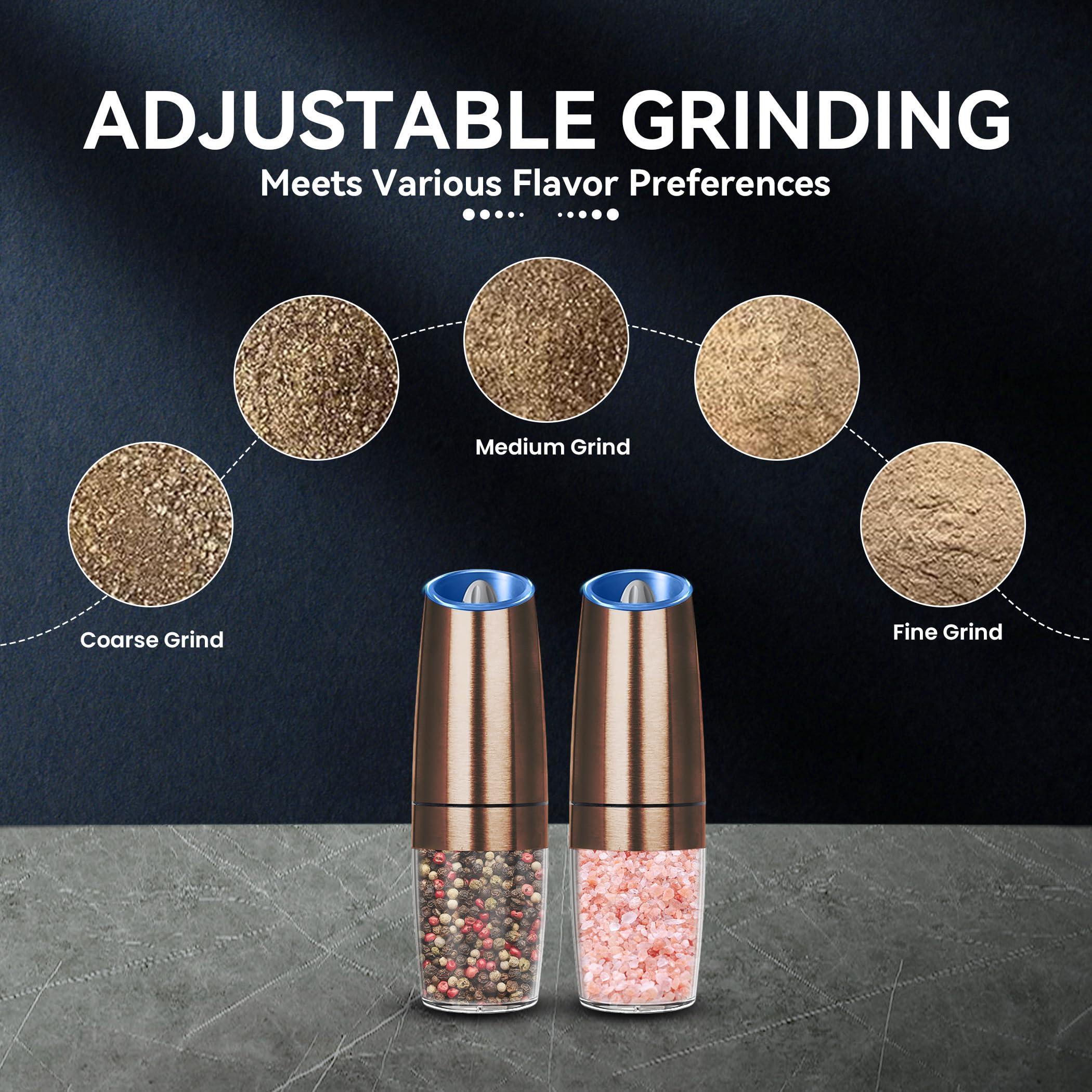 UNNEES Gravity Electric Salt and Pepper Grinder set of 2, Automatic Salt And Pepper Grinder Set, Adjustable Roughness, Battery Powered, LED Light, 2 Pack, (Black)