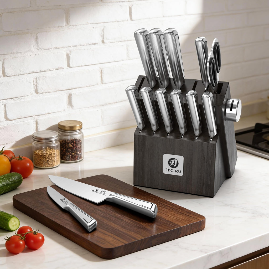 imarku 14-Piece Knife Set, Japanese Stainless Steel Knives Set for Kitchen, Full-Tang Gyutou Knife Sets with Block and Build-in Sharpener, Brown, Dishwasher Safe, House Warming Gifts for Mom
