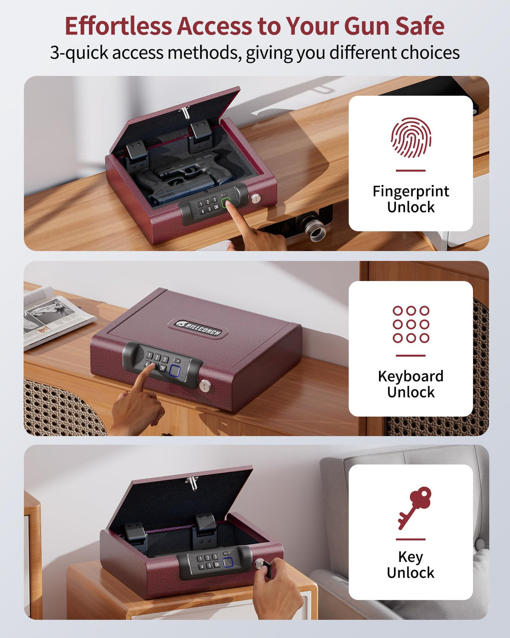 Biometric Gun Safe for Pistols 3-Ways unlock Fingerprint Digital PIN Key Unlock Handgun Safe with Sound, Lock box for Cloakroom living room Bedroom Nightstand and Car BILLCONCH