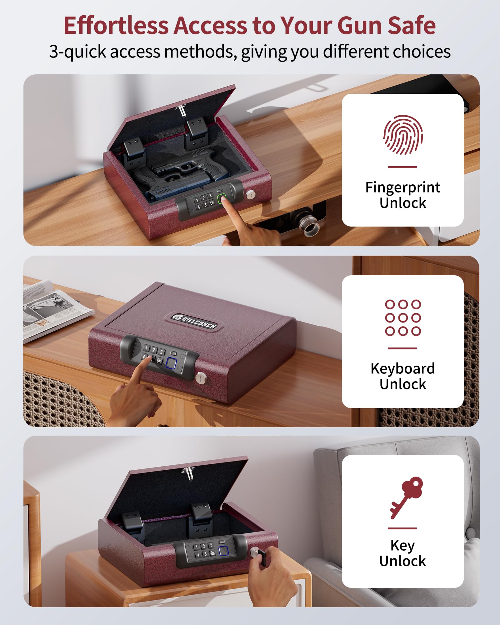 Biometric Gun Safe for Pistols 3-Ways unlock Fingerprint Digital PIN Key Unlock Handgun Safe with Sound, Lock box for Cloakroom living room Bedroom Nightstand and Car BILLCONCH