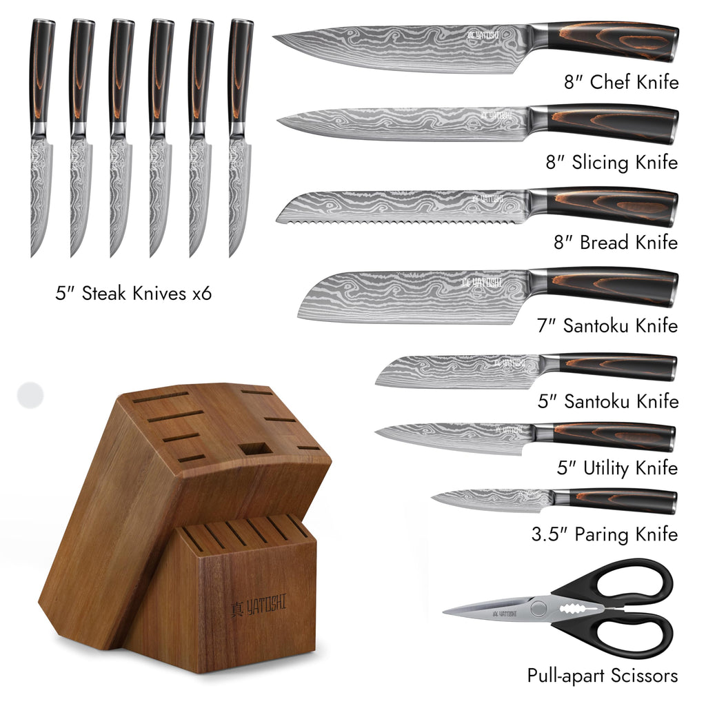Yatoshi Professional Kitchen Knife Set, 15 Pieces, High Carbon Stainless Steel, Ergonomic Handle