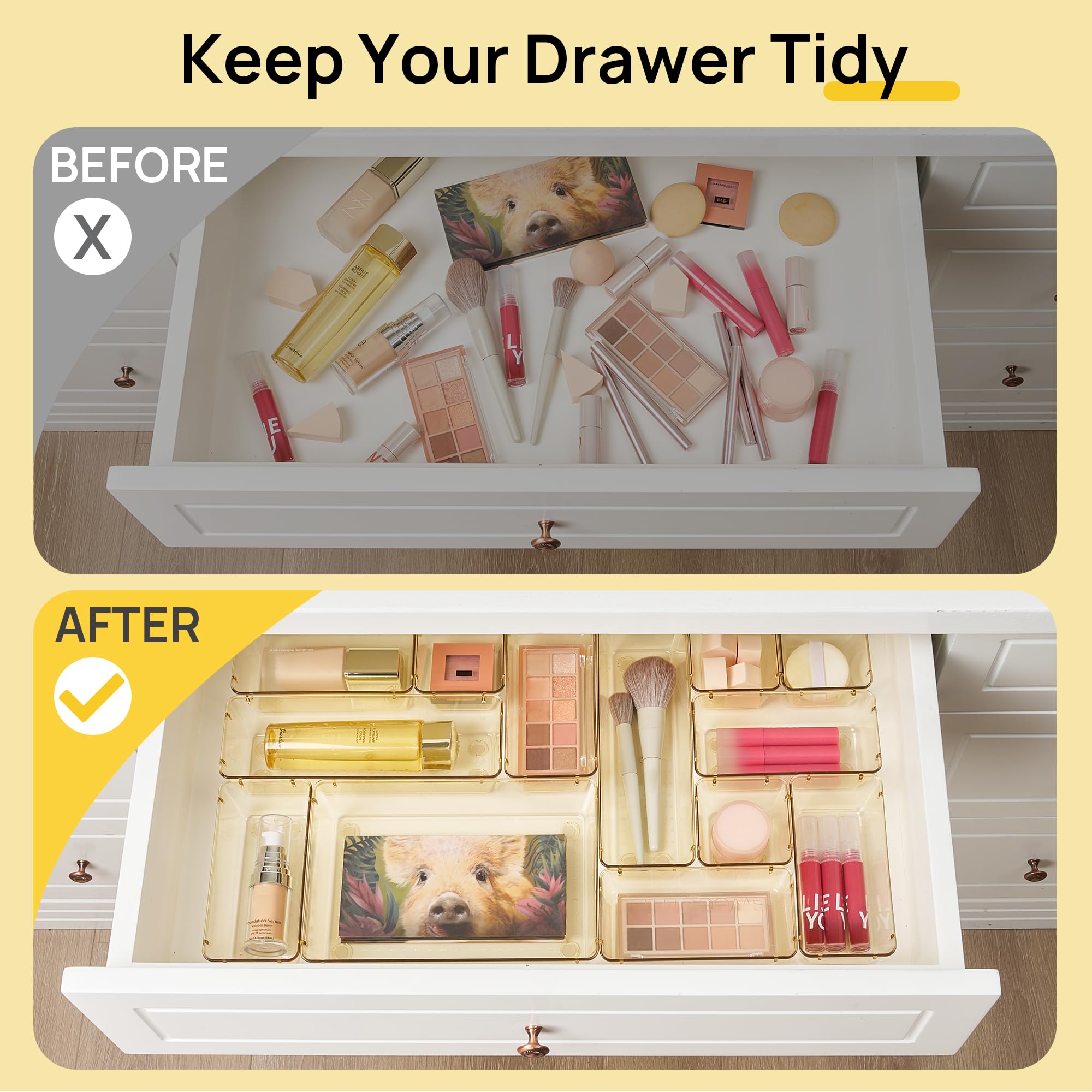 Vtopmart 25 PCS Clear Plastic Drawer Organizers Set, 4-Size Versatile Bathroom and Vanity Drawer Organizer Trays, Storage Bins for Makeup, Bedroom, Kitchen Gadgets Utensils and Office