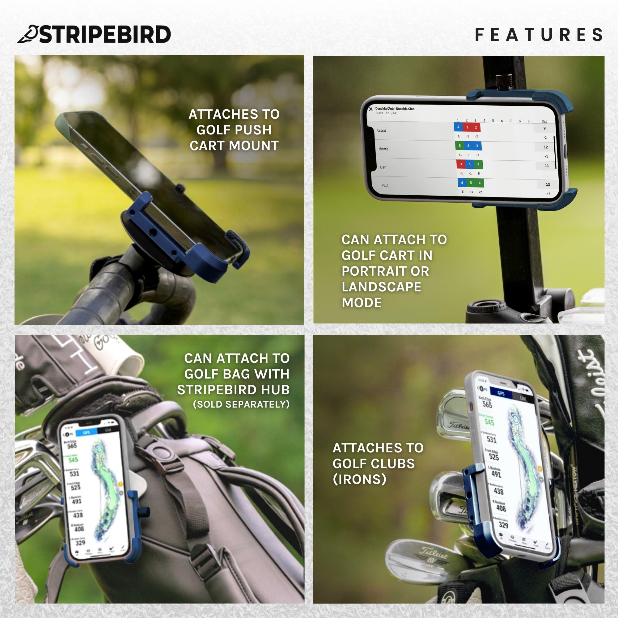 Stripebird - Magnetic Golf Cart Phone Holder - US Patented, Neodymium N52 Magnets - Golf Cart Phone Mount for iPhone & Samsung - Slim Golf Caddy Accessories for Men & Women