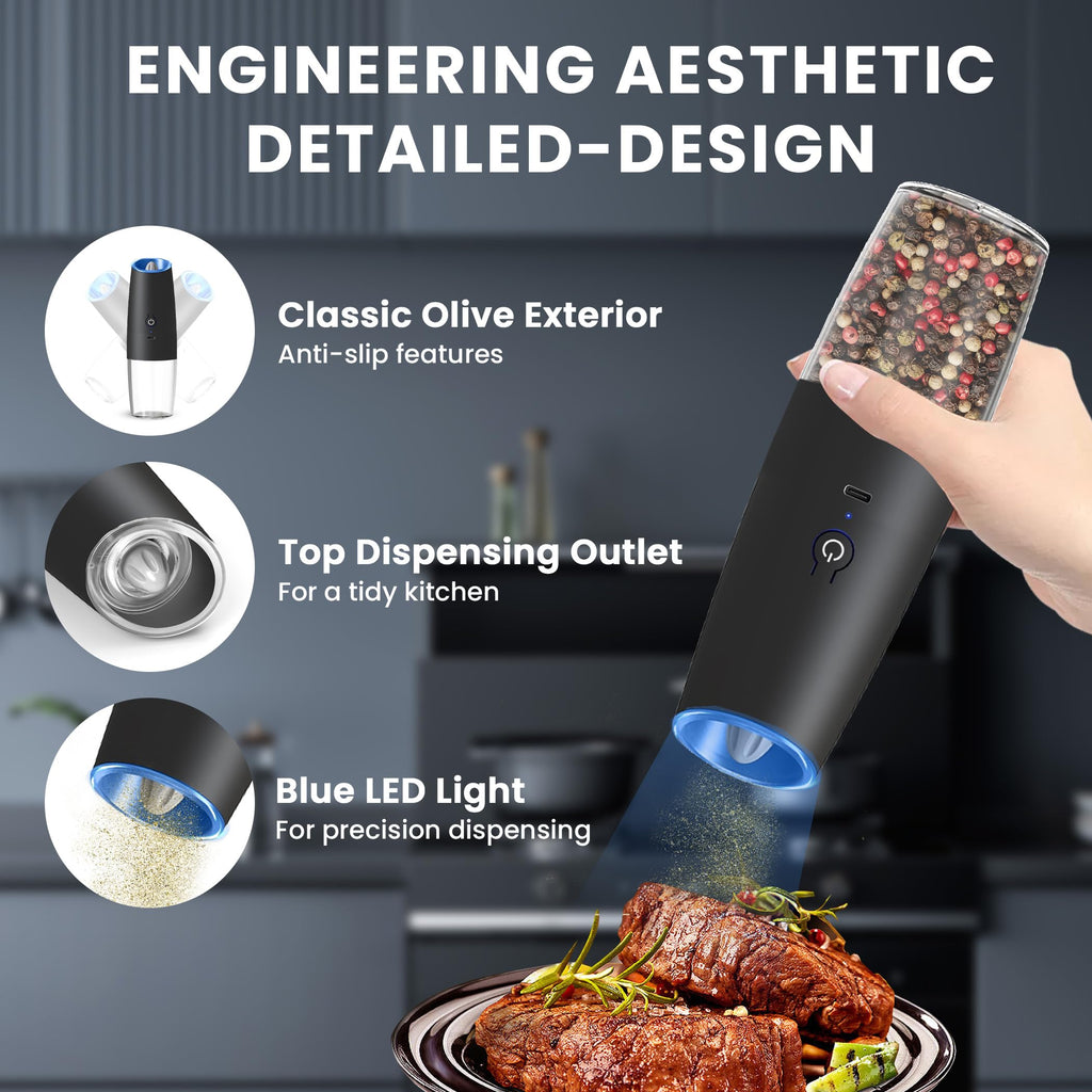 UNNEES Gravity Electric Salt and Pepper Grinder set of 2, Automatic Salt And Pepper Grinder Set, Adjustable Roughness, Battery Powered, LED Light, 2 Pack, (Black)